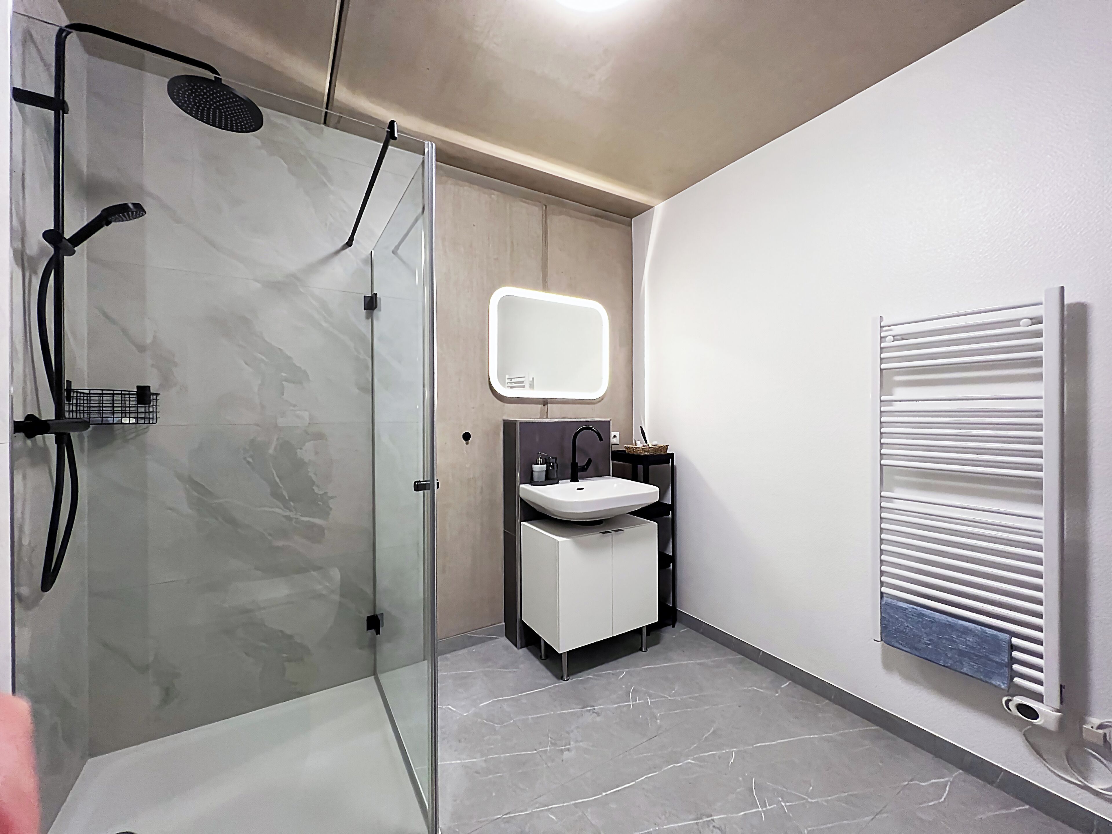 A modern bathroom with a glass shower enclosure, a white sink, and a built-in mirror.