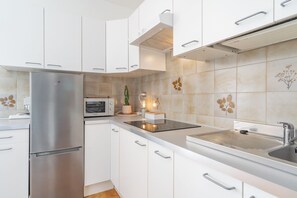 Kühlschrank, Mikrowelle, Herdplatte, Kochgeschirr/Geschirr/Besteck