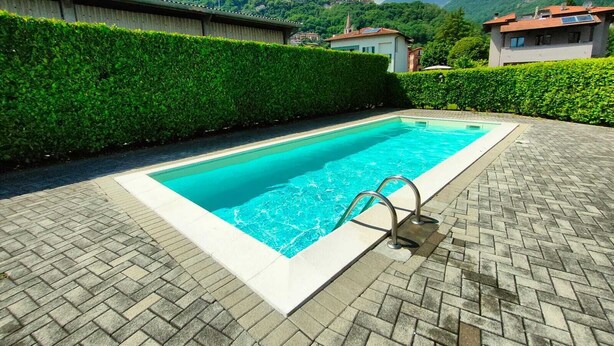 A rectangular swimming pool with a metal ladder, surrounded by a paved patio and a neatly trimmed hedge.