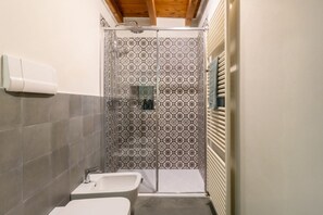 Shower, hair dryer, bidet, towels