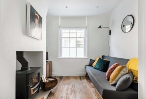 Fernseher, Kamin, Bücher, Arbeitsbereiche