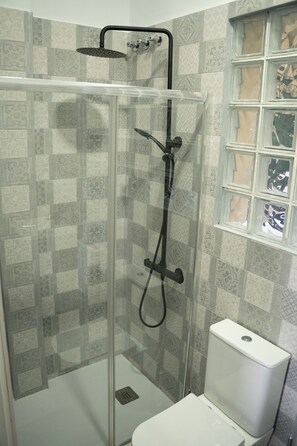 Shower, hair dryer, towels, toilet paper