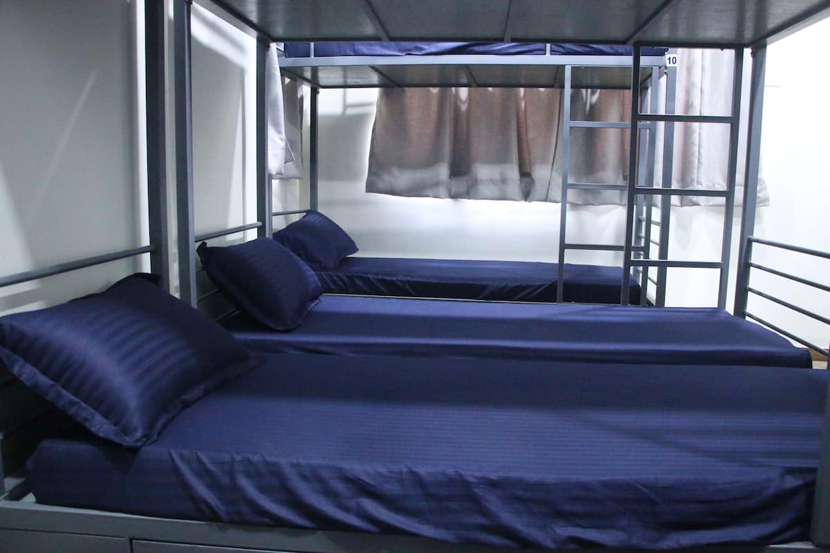 A bunk bed room with two beds, a ladder, and a window with curtains.