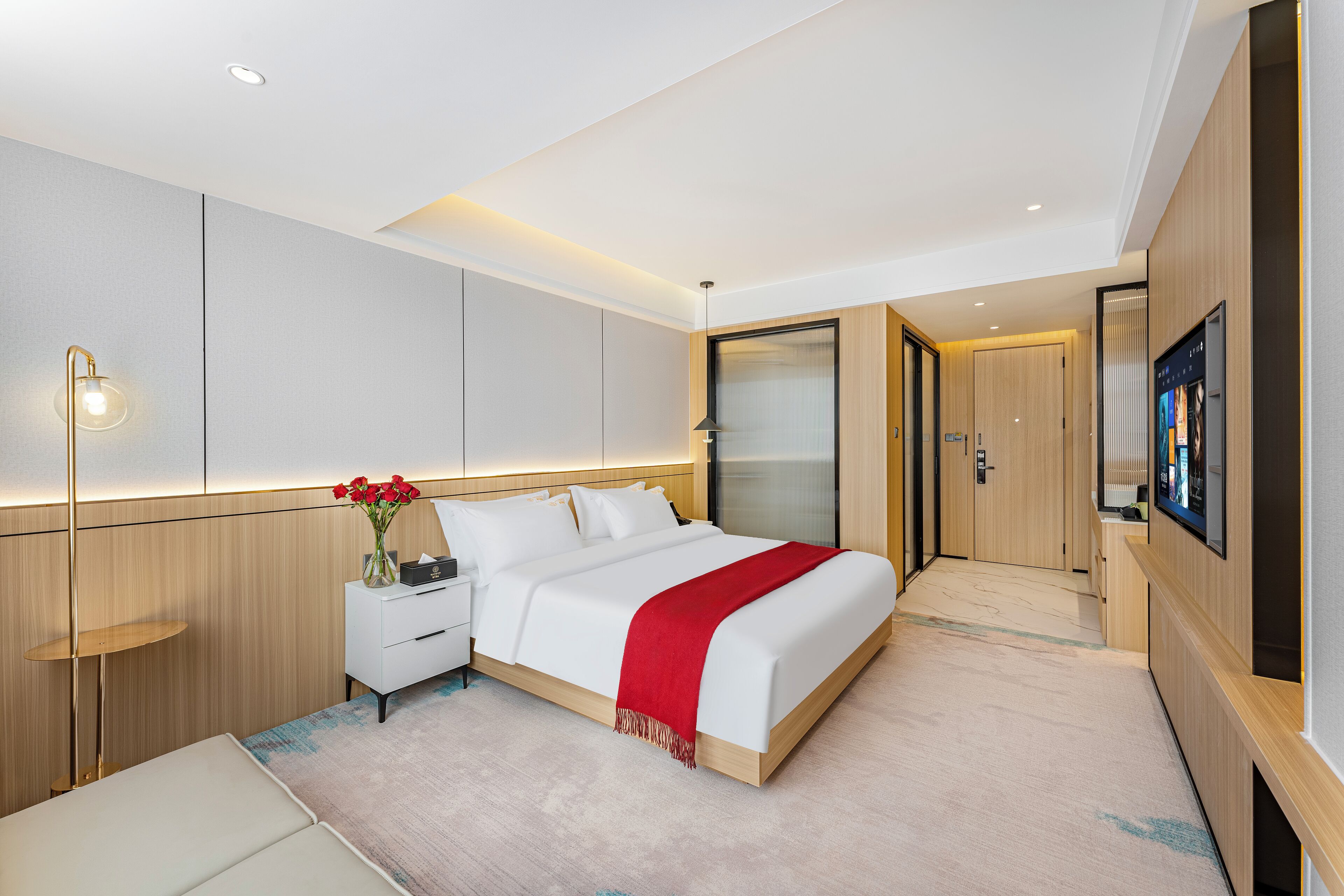 Een moderne hotelkamer met een groot bed, een nachtkastje met een lamp, een televisie en een houten garderobe.