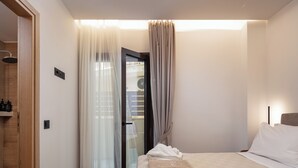 A modern hotel room with a bed, a shower area, and a view through a glass door.
