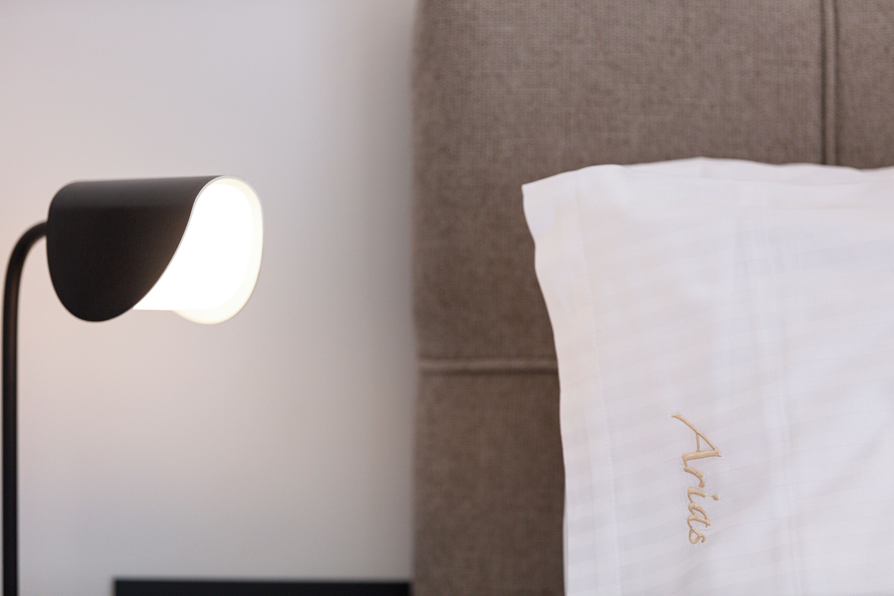 Une lampe avec un abat-jour blanc, un coussin blanc orné de motifs brodés et un mur à texture.