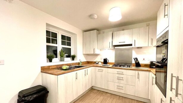 Una cocina compacta con gabinetes de madera clara, una campana extractora de acero inoxidable y un cubo de basura negro.