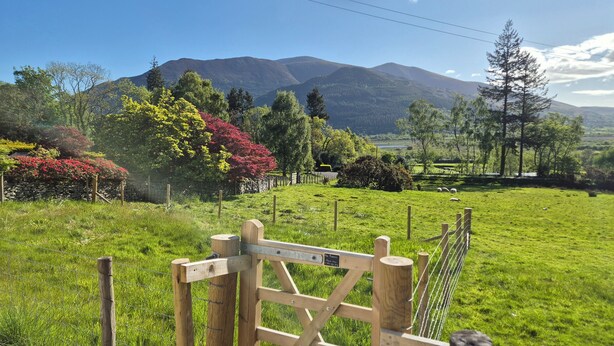 Un paysage rural avec un mur de pierres, une porte en bois et un champ d’herbe.