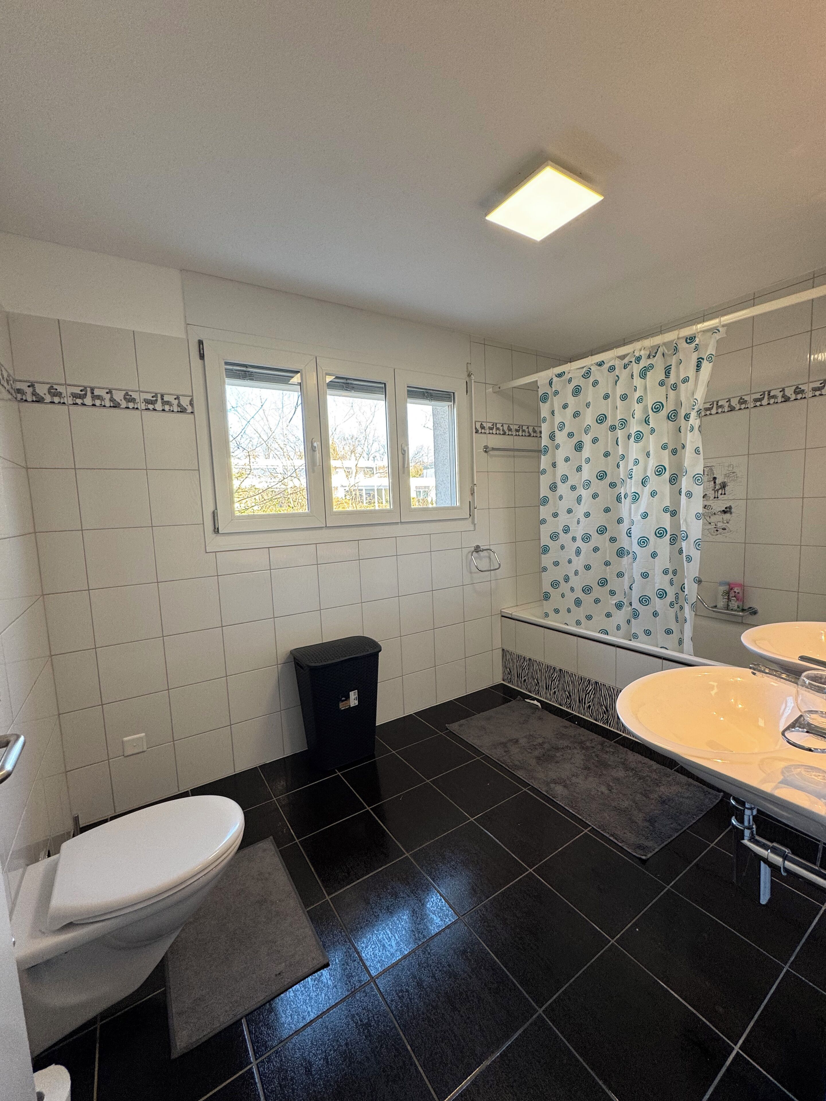 A bathroom with a toilet, sink, and shower. There are three windows and a trash can.