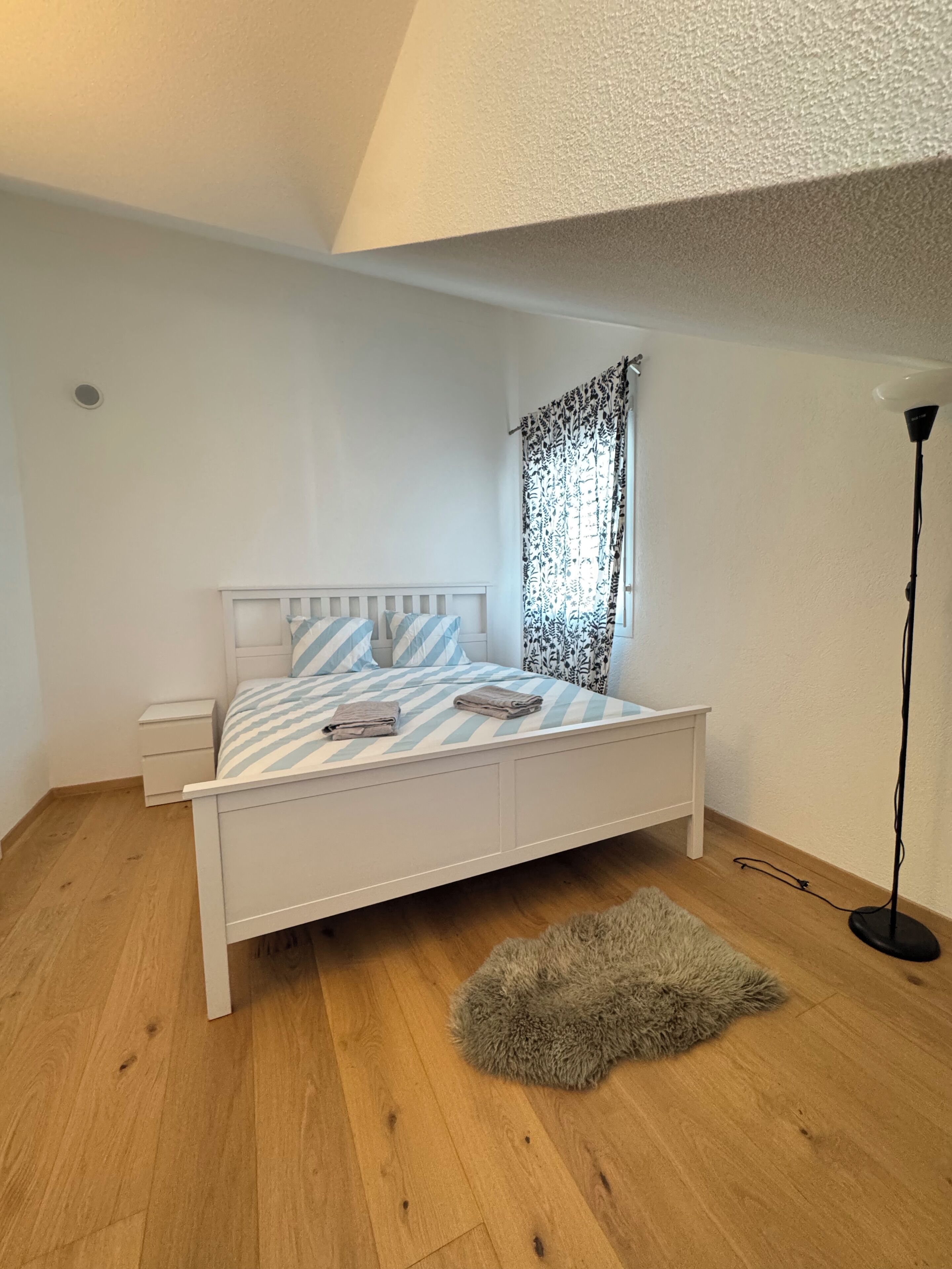 A bedroom with a bed, nightstands, a fluffy rug, and a floor lamp.