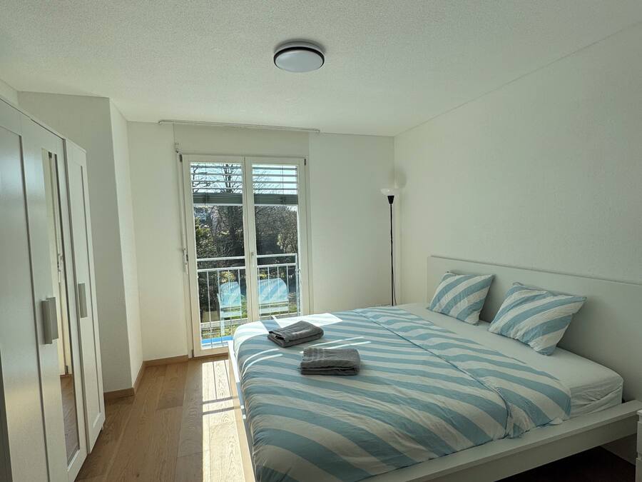 Un dormitorio con cama, armario, ventana y una lámpara en el techo.