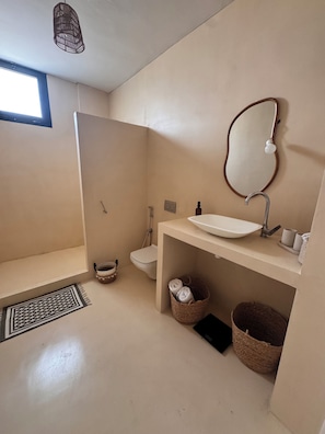 Shower, towels, soap, toilet paper
