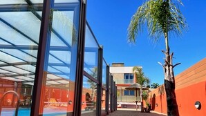 Un bâtiment moderne doté de grandes fenêtres en verre, d’un espace piscine et d’un palmier.