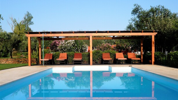 Et rektangulært pool med et overdækket træpergola, omgivet af liggestole.