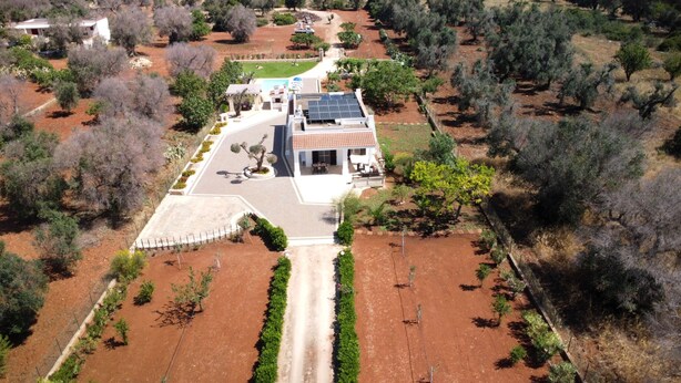 An aerial view of a property with a central building, surrounded by landscaped gardens and olive groves. - Villa Lino With Pool by Wonderful Italy (San Vito dei Normanni)