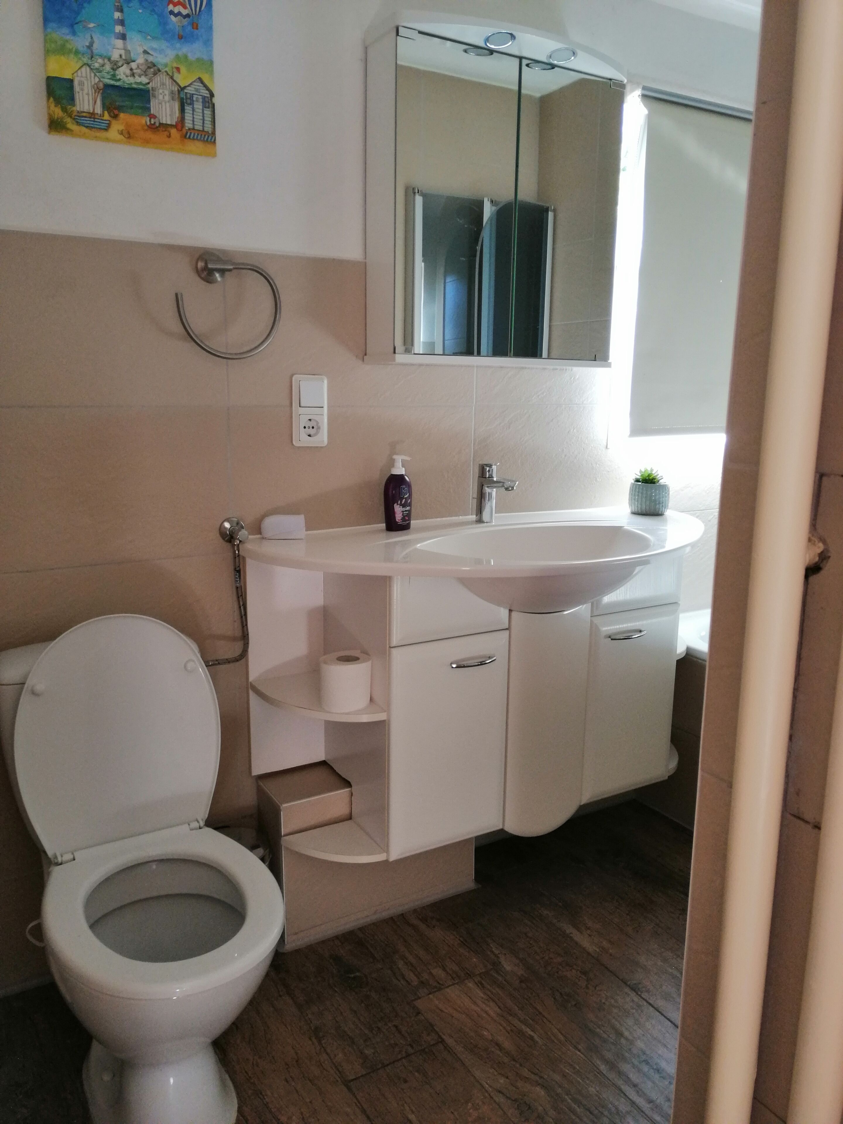 A bathroom with a toilet, sink, and mirror.
