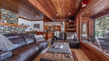 Smart TV, fireplace, foosball, books