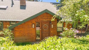 A wooden cabin with a green roof, a number '6538' on the door, and a garden in front.