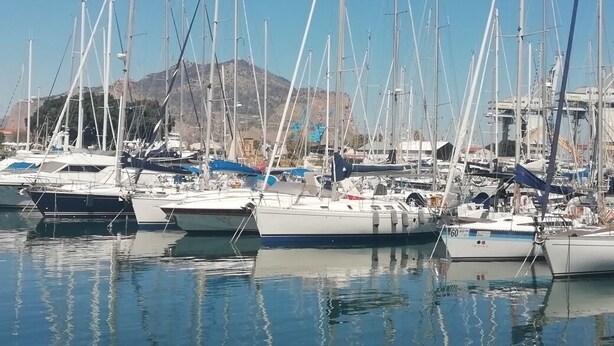 A marina with multiple sailboats docked, a mountainous backdrop, and a clear sky. - Apartment 3bedr 2bathr,FreeParking,CITY CENTER, Cosy and Chic, SEA VIEW (Palermo)