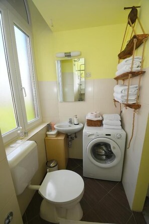 Appartement, uitzicht op park | Badkamer | Een douche, een haardroger, handdoeken