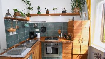 Appartement, vue parc | Cuisine privée | Réfrigérateur, four, plaque de cuisson