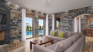A modern living room with a stone wall, a sofa, a coffee table, and a TV. - Turtulli Castle Stone Villa 1 - Private Pool Oasis (Hersonissos)