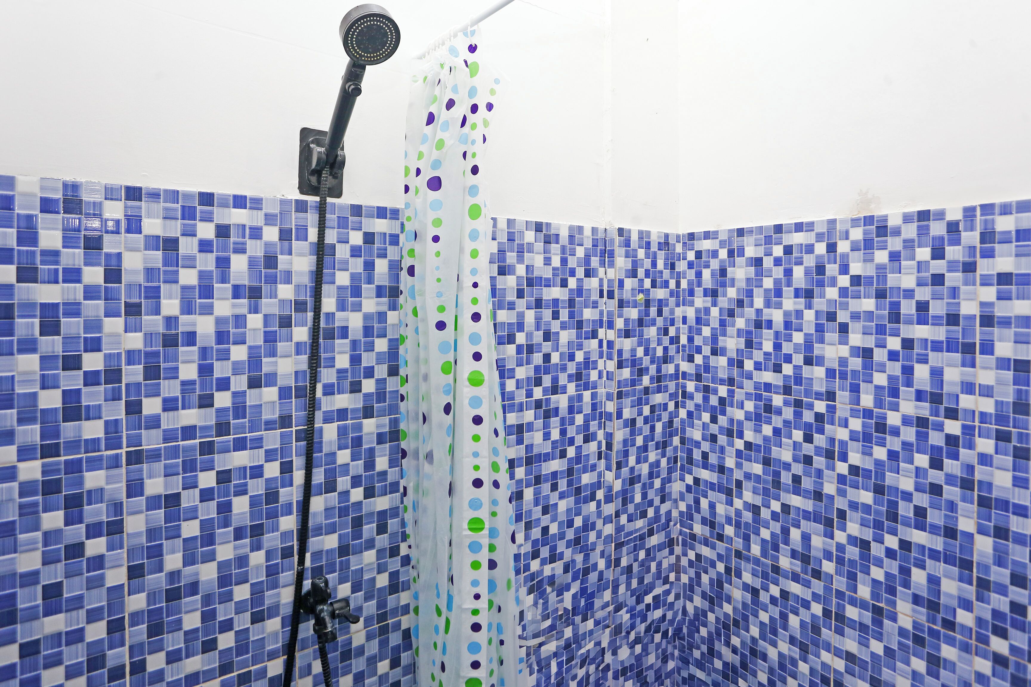 A shower area with blue and white mosaic tiles, a showerhead, and a curtain with green polka dots.