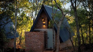 A rustic cabin with a brick exterior, a sloped roof, and a small porch.
