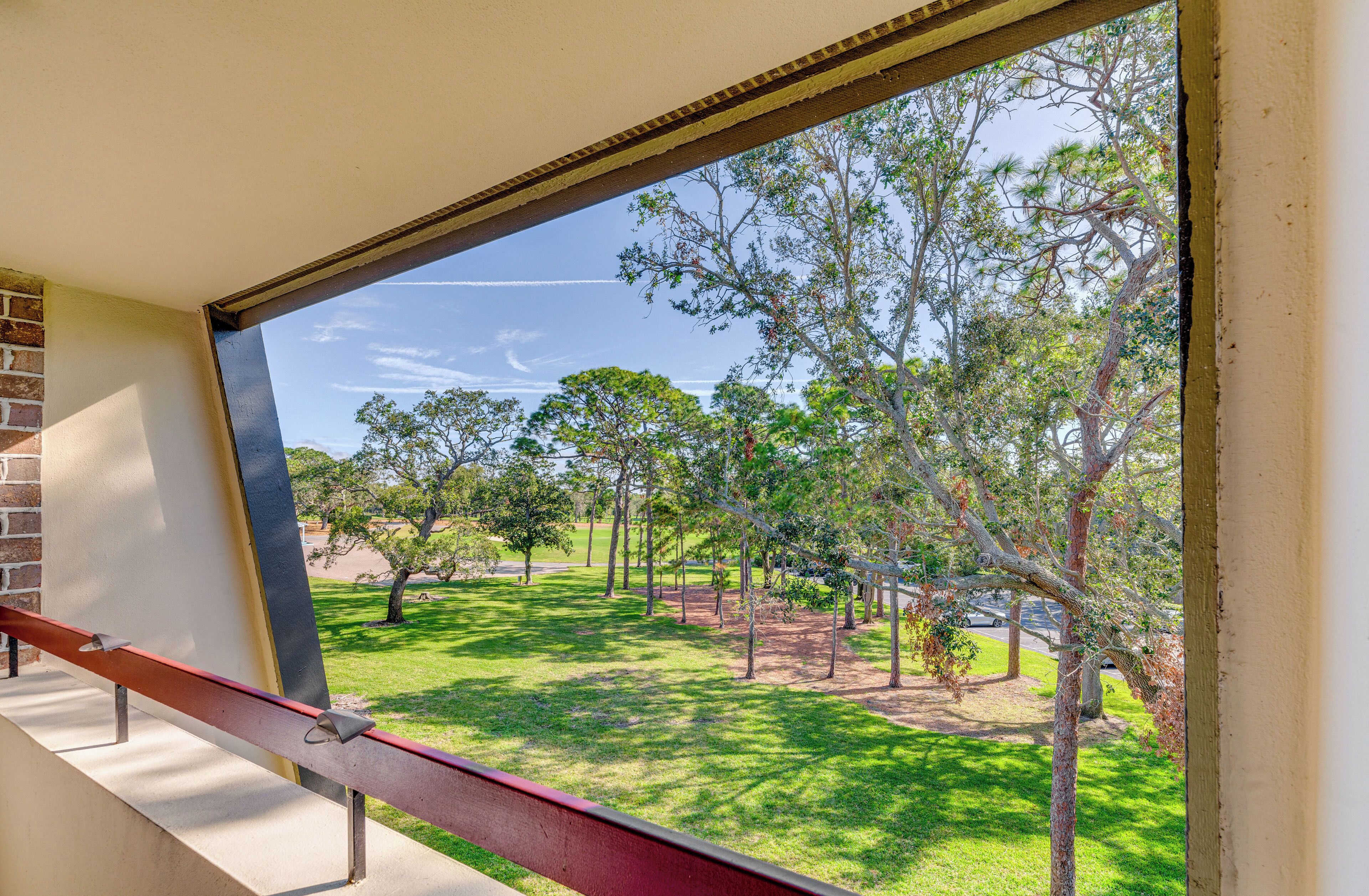 A view from a window overlooking a grassy park with trees and a clear sky.