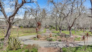 A paved pathway in a park with various plants and trees.