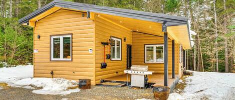 A wooden cabin with a covered porch, a grill, and a small outdoor seating area.