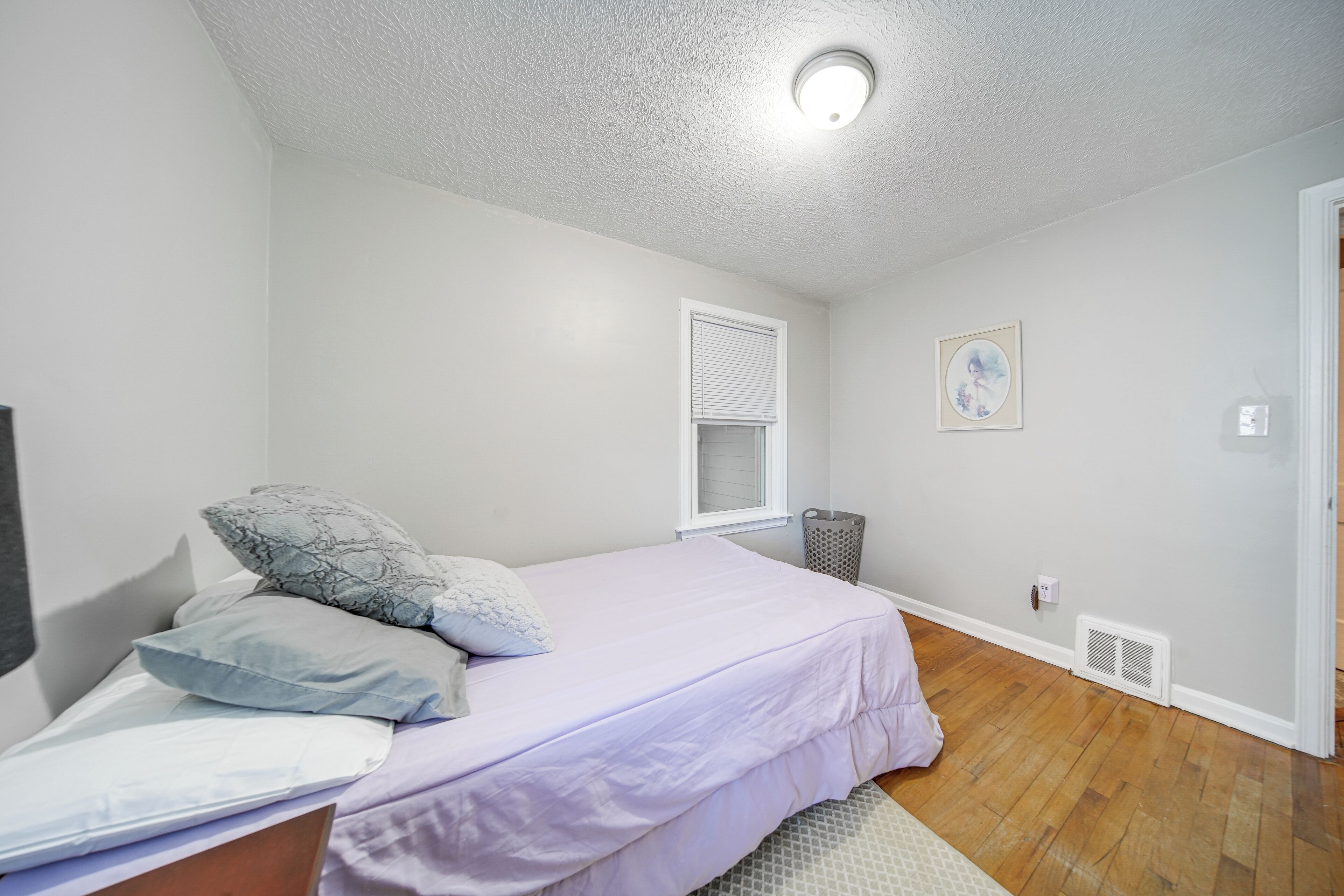 A bedroom with a bed, pillows, a window, a wall-mounted picture, and a ceiling light.