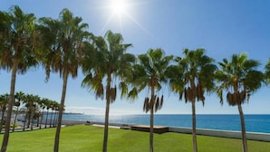 A view of a grassy area with palm trees and a body of water in the background. - Tranquil Chalet in Salobre, Gran Canaria (San Bartolomé de Tirajana)