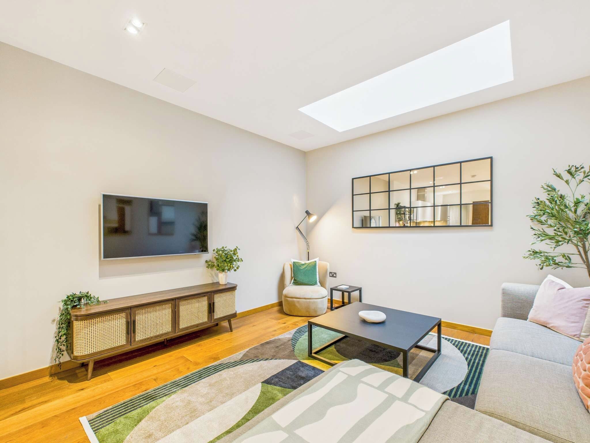 A modern living room with a flat-screen TV, a sofa, a coffee table, and a console table with plants.
