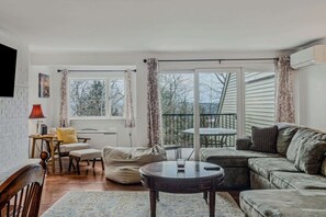 TV, fireplace, books, offices