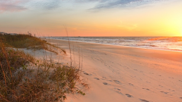 A beach with sand dunes and a sunset.