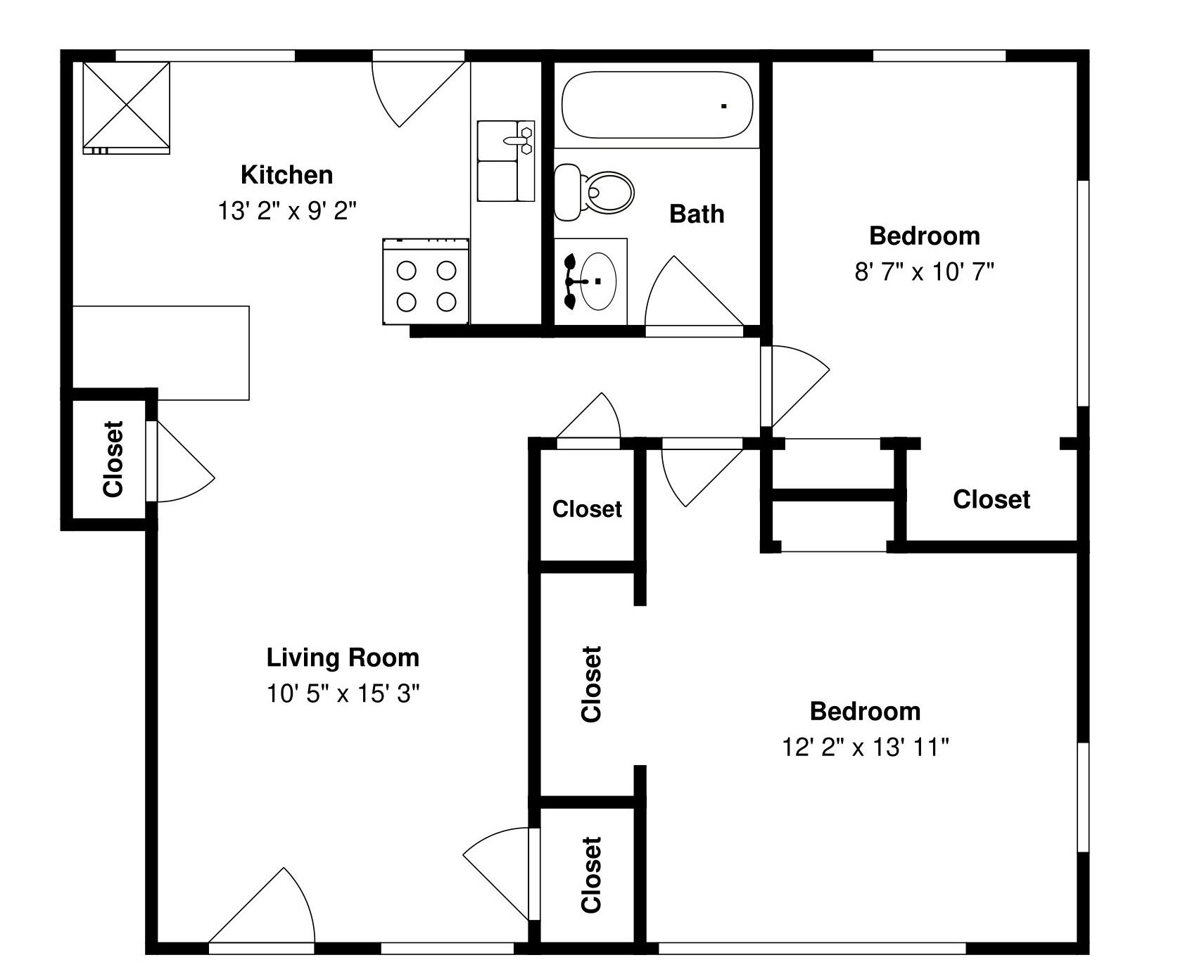 A floor plan with a kitchen, two bedrooms, a living room, and two closets.