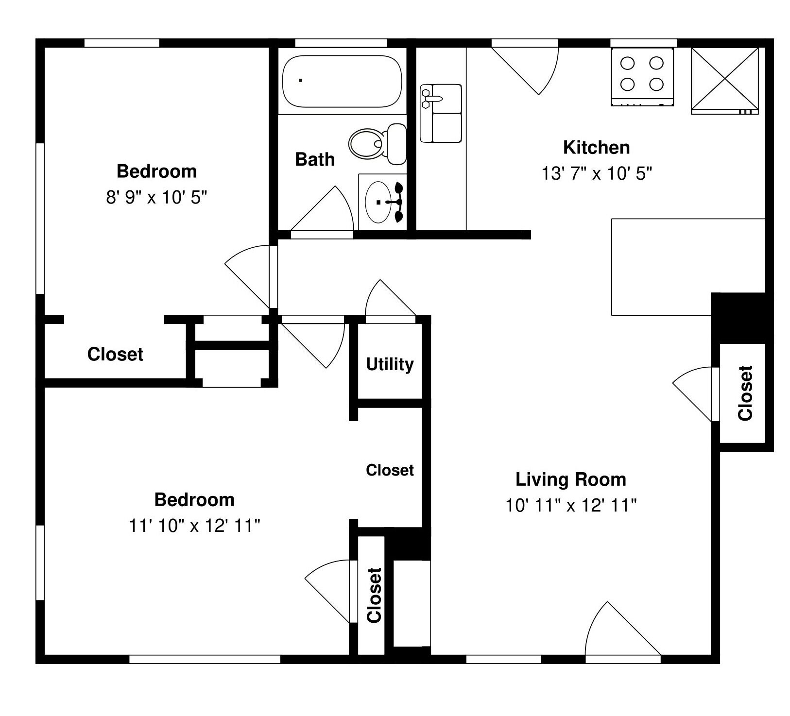 Grundriss mit Schlafzimmer, Bad, Küche, Hauswirtschaftsraum, Abstellraum und Wohnzimmer.