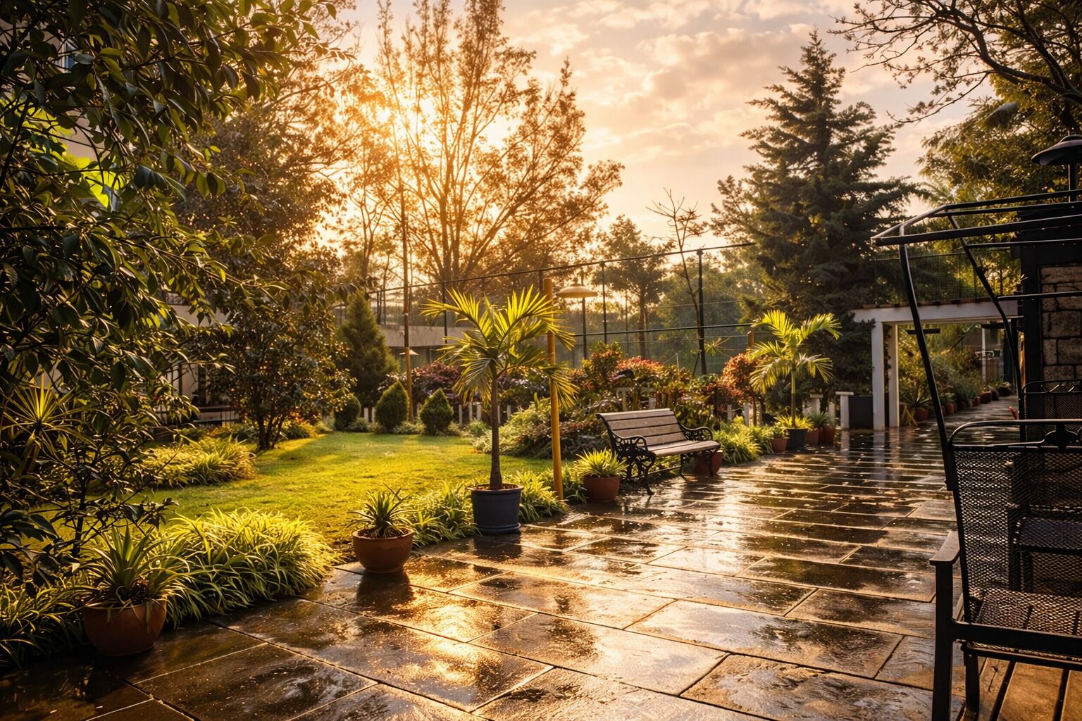 Une terrasse de jardin avec un banc, des plantes en pot et un chemin.