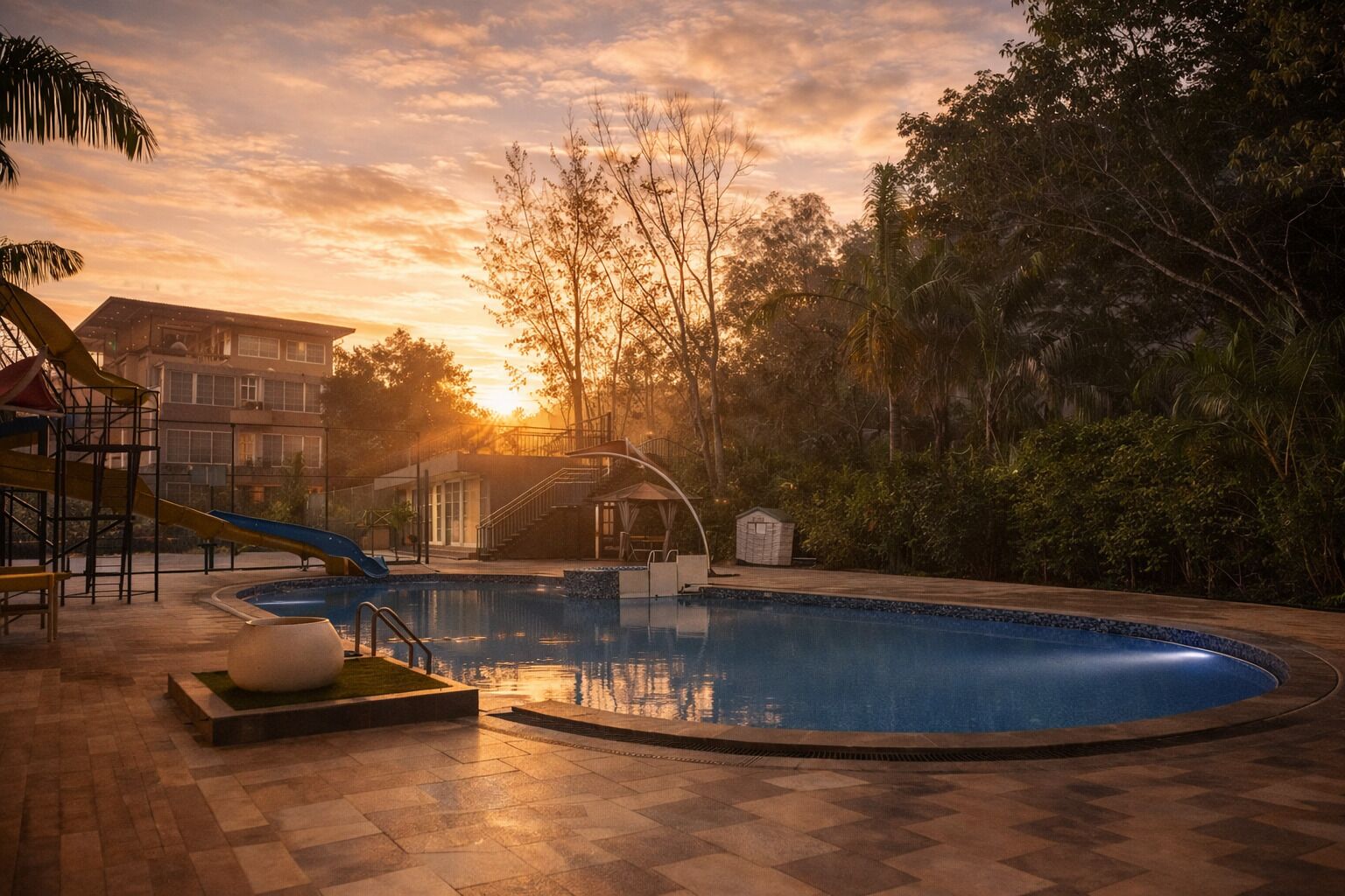 A swimming pool with a slide, surrounded by trees and buildings, during sunset.
