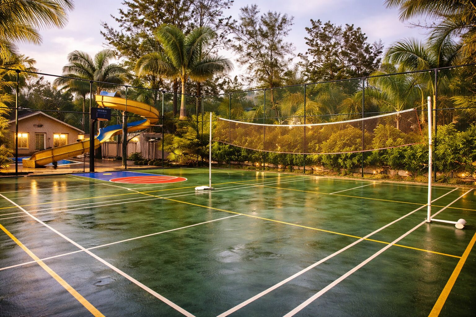 Una cancha deportiva al aire libre con una red de voleibol, rodeada de árboles y un edificio con un tobogán.