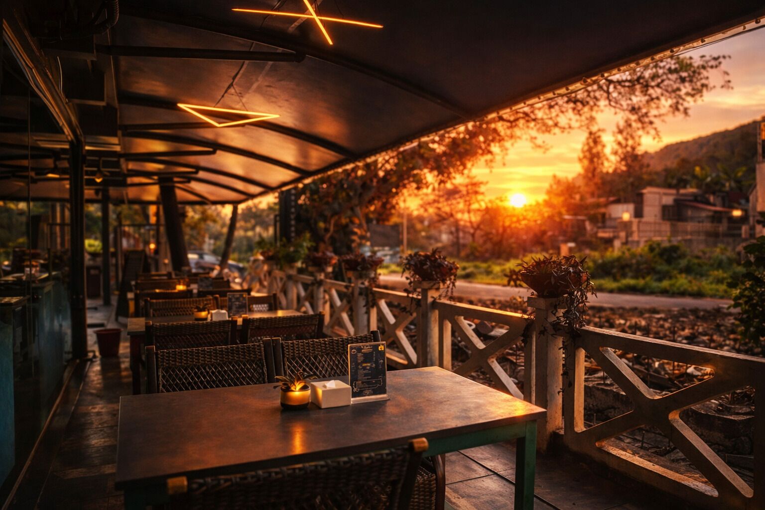Un restaurante al aire libre con mesas y sillas, una valla de madera y vistas al atardecer.