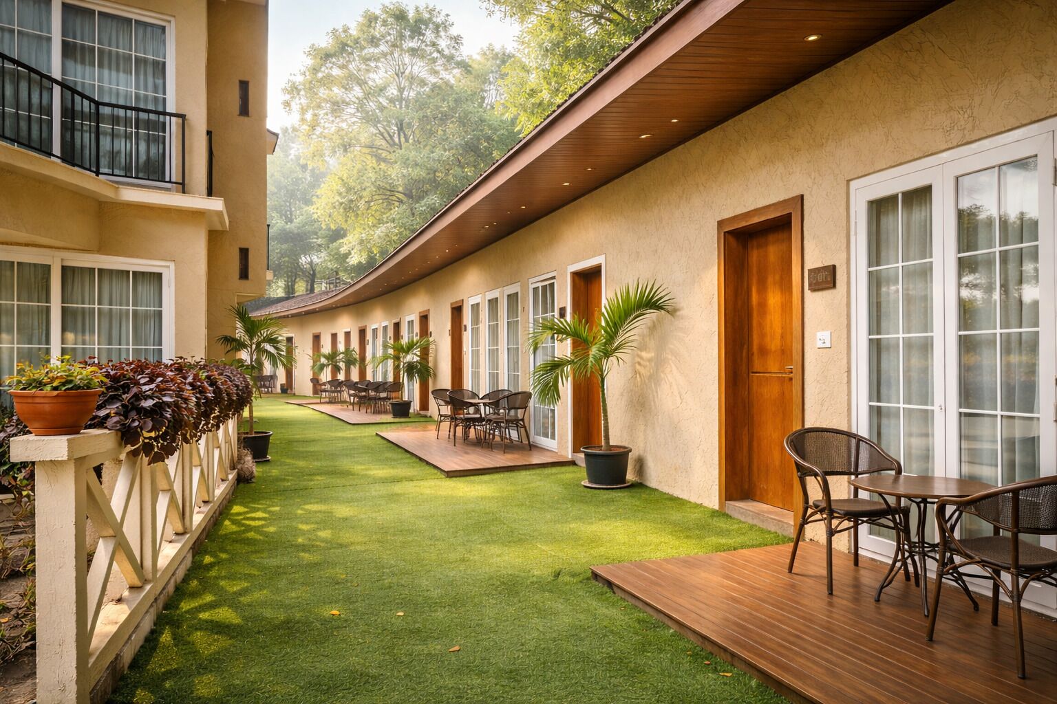 A hotel corridor with a green lawn, wooden deck, and outdoor seating area.