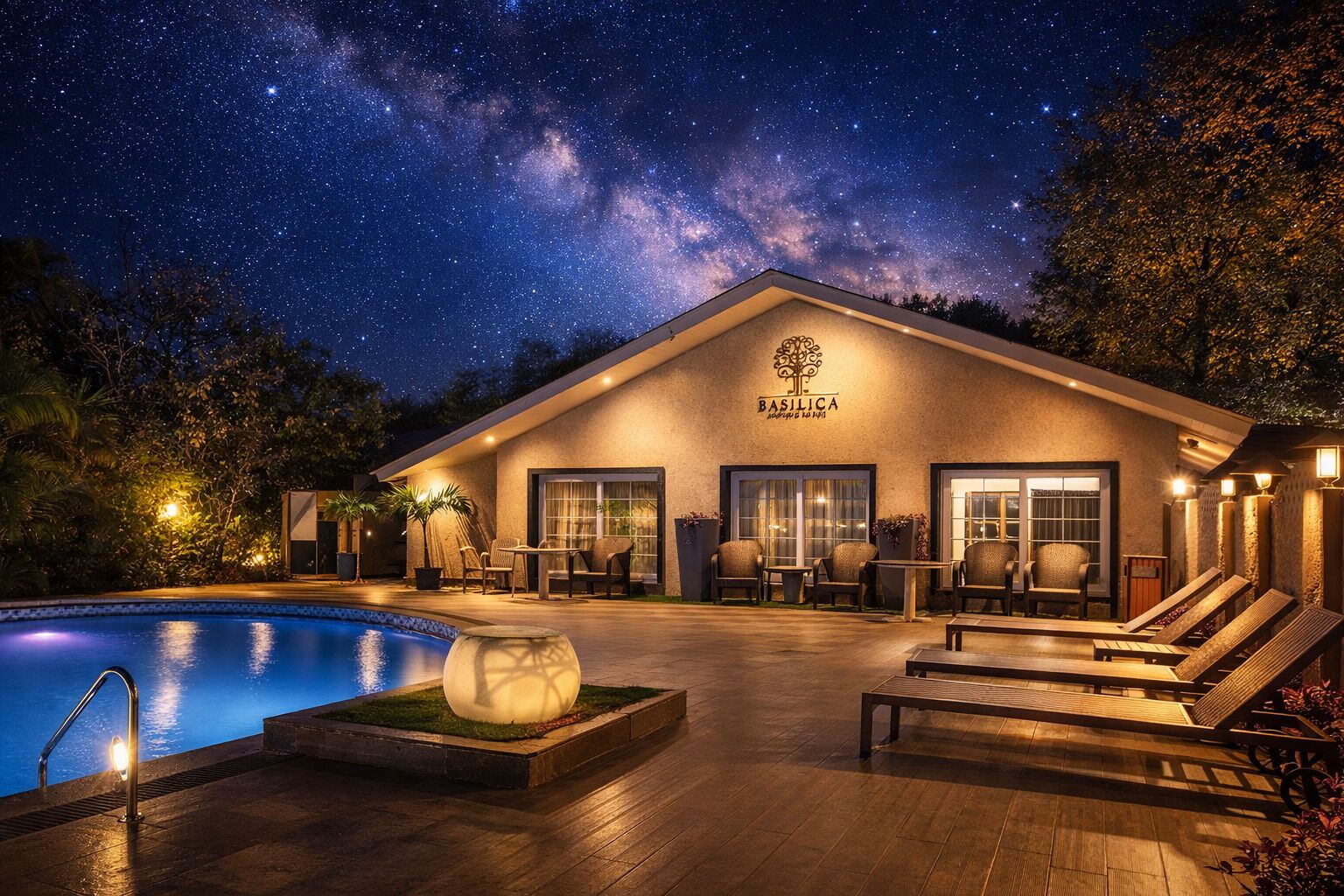 Un hotel con piscina, mobiliario exterior y vistas al cielo nocturno.