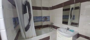Hair dryer, towels, soap, toilet paper