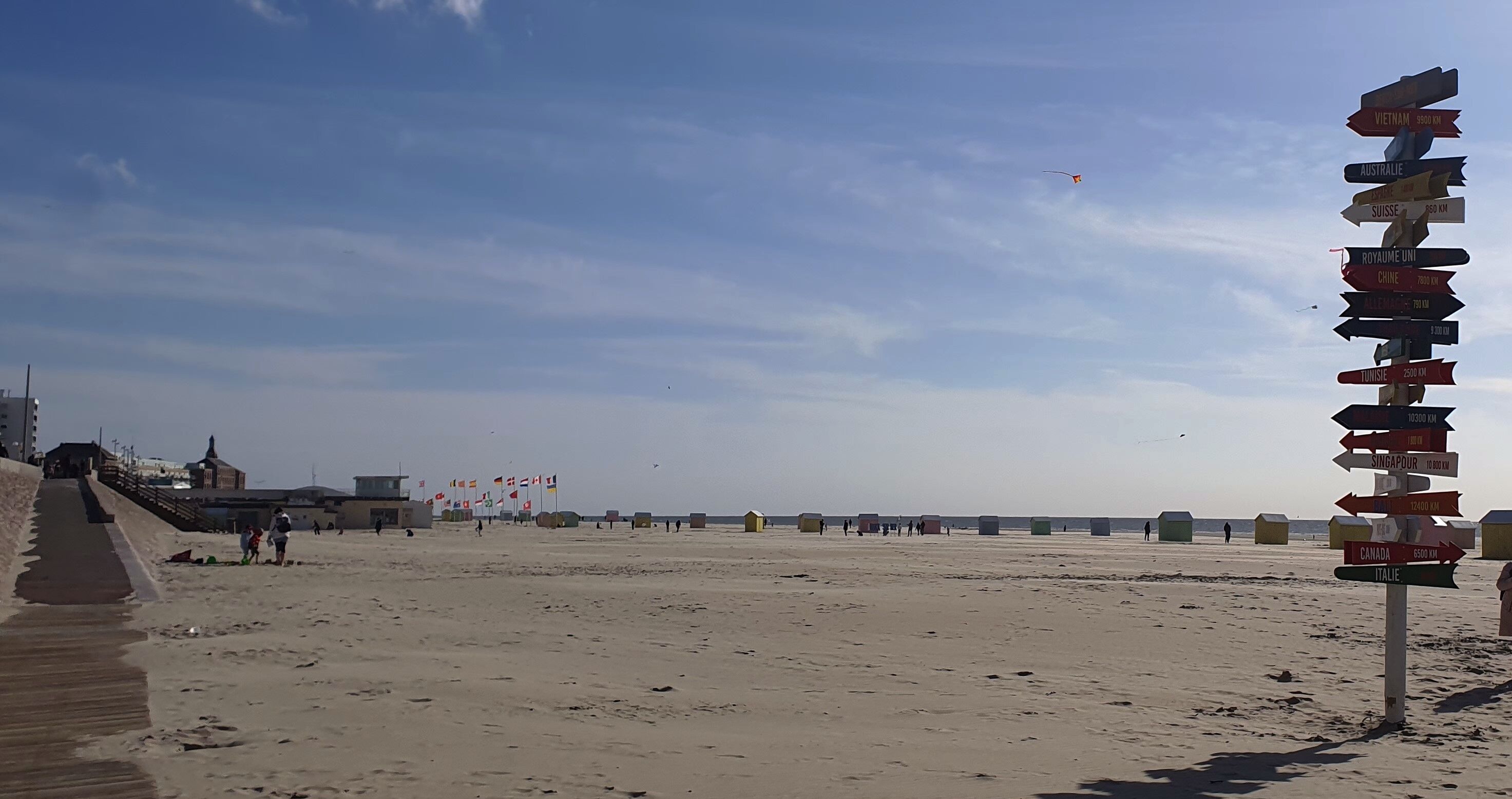 A beach with a signpost listing distances to various cities.