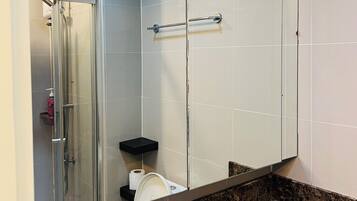 Bidet, towels, soap, shampoo