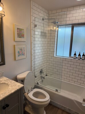 Hair dryer, towels, soap, toilet paper
