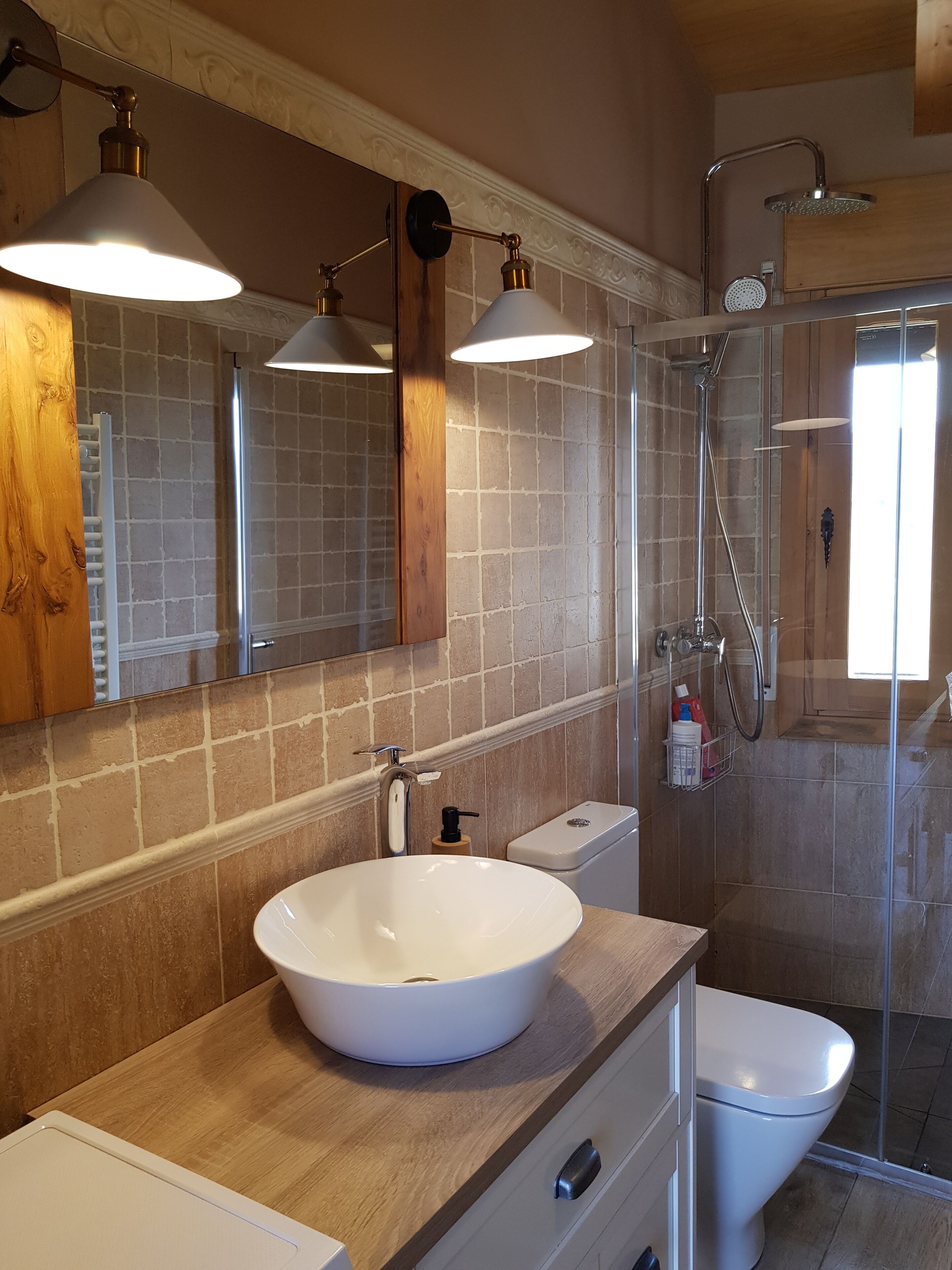 Shower, hair dryer, towels, toilet paper