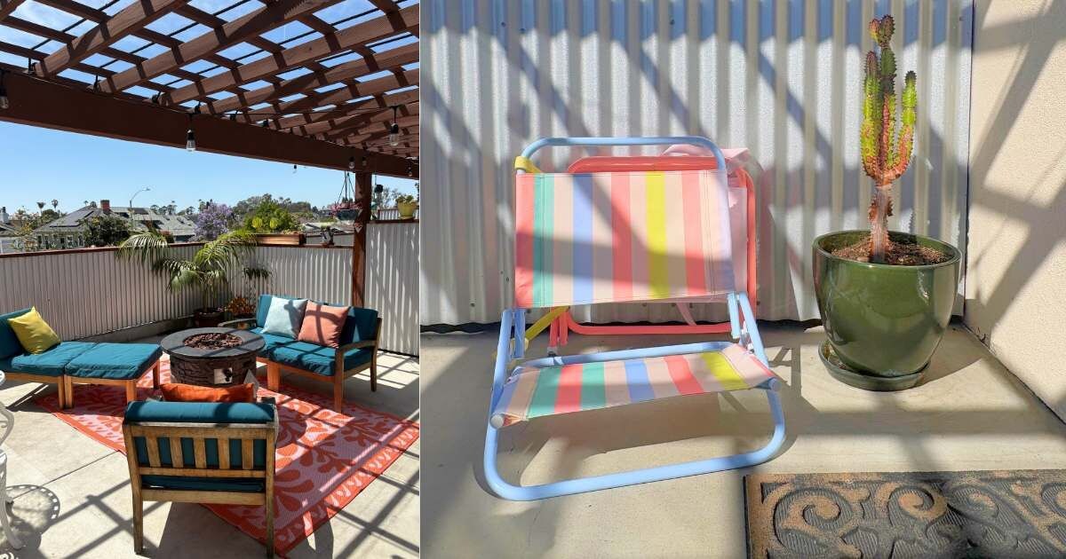 A covered patio with outdoor furniture, a colorful striped chair, and a potted plant.